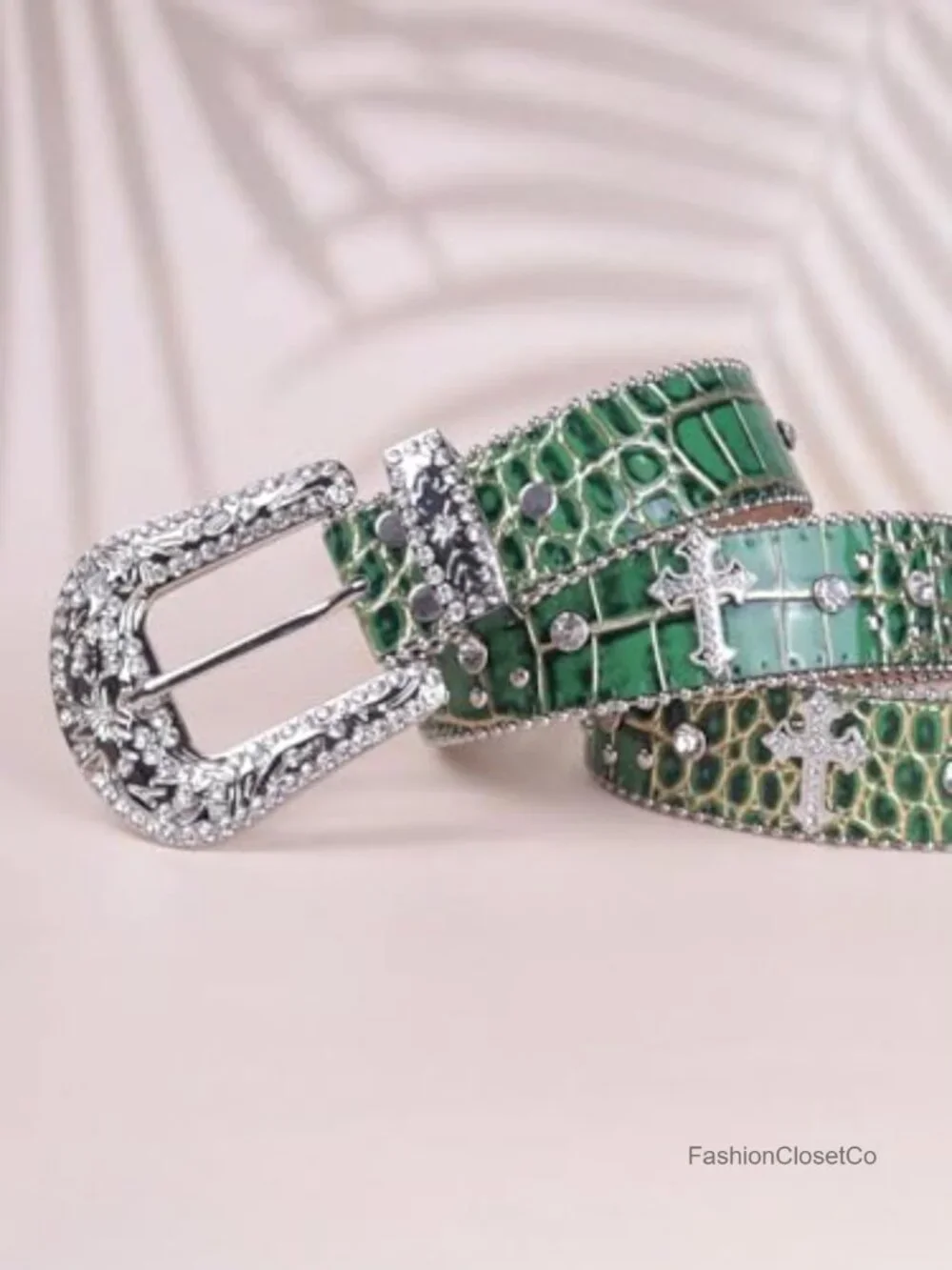 Rhinestone Western Belt for Men & Women, Faux Leather Cowboy Belt with Cross